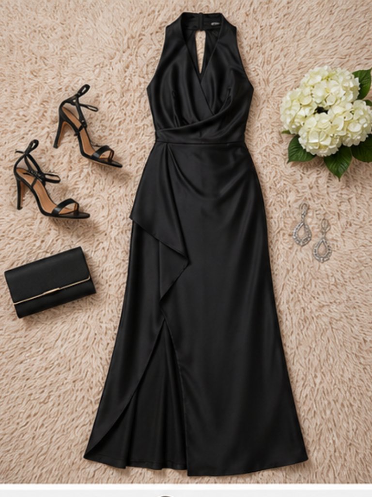 Xscape Halter-Neck Cutout Back Formal Maxi Gown Black Size 10 Nwt
